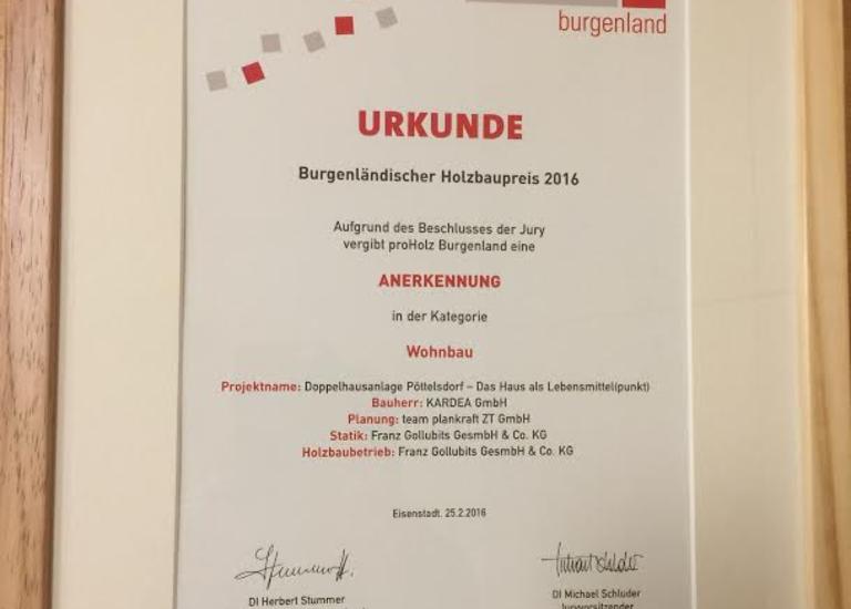 Urkunde Holzbuapreis 2016 Burgenland Holzbau und Zimmerei