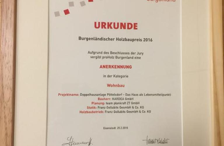 Urkunde Holzbuapreis 2016 Burgenland Holzbau und Zimmerei